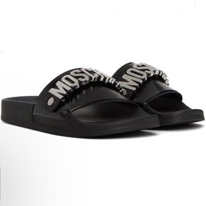 Moschino Black & Silver Lettering Pool Slides